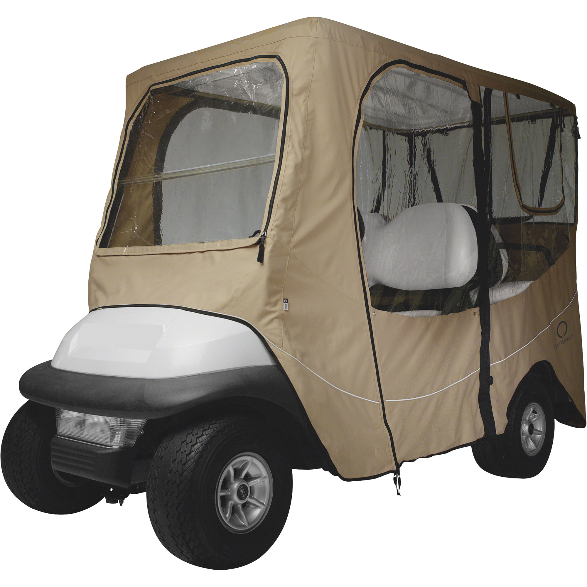 Classic Accessories Fairway Deluxe Golf Car Enclosure, Long Roof (Up to 80in.L), Light Khaki, Model# 40-050-345801-00